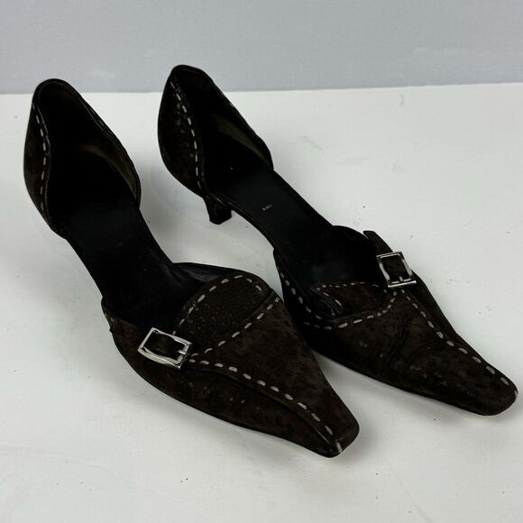 Prada Brown Suede D'Orsay Pumps Kitten Heels Buckle Pointed Toe Size 5.5 EU 35.5 - Picture 3 of 12